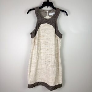 Trina Turk 100% Silk Shift Dress Beige Brown Contrast Sleeveless Size 10 Lined
